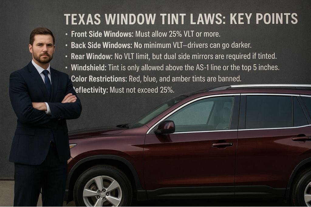 A man in a suit stands next to a maroon SUV, with a wall behind him displaying key Texas window tint laws, including rules on VLT percentages, color restrictions, and reflectivity limits.