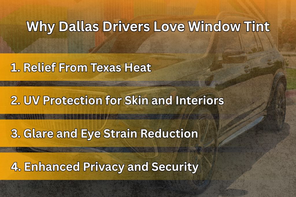 A dark SUV parked outdoors serves as the background for a graphic listing reasons why Dallas drivers love window tint, with benefits including relief from Texas heat, UV protection, glare reduction, and enhanced privacy and security.