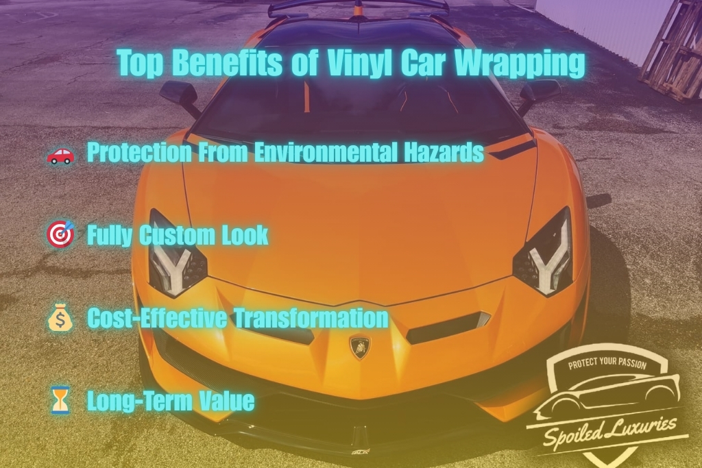 Orange Lamborghini with text overlay listing the top benefits of vinyl car wrapping, including protection from environmental hazards, a fully custom look, cost-effective transformation, and long-term value. Spoiled Luxuries branding is visible in the lower right corner.