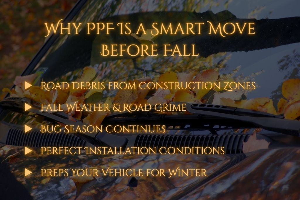 A car windshield covered in colorful autumn leaves with text overlay listing five reasons why Paint Protection Film (PPF) is recommended before fall. The text highlights protection from road debris, fall grime, lingering bugs, ideal installation weather, and winter