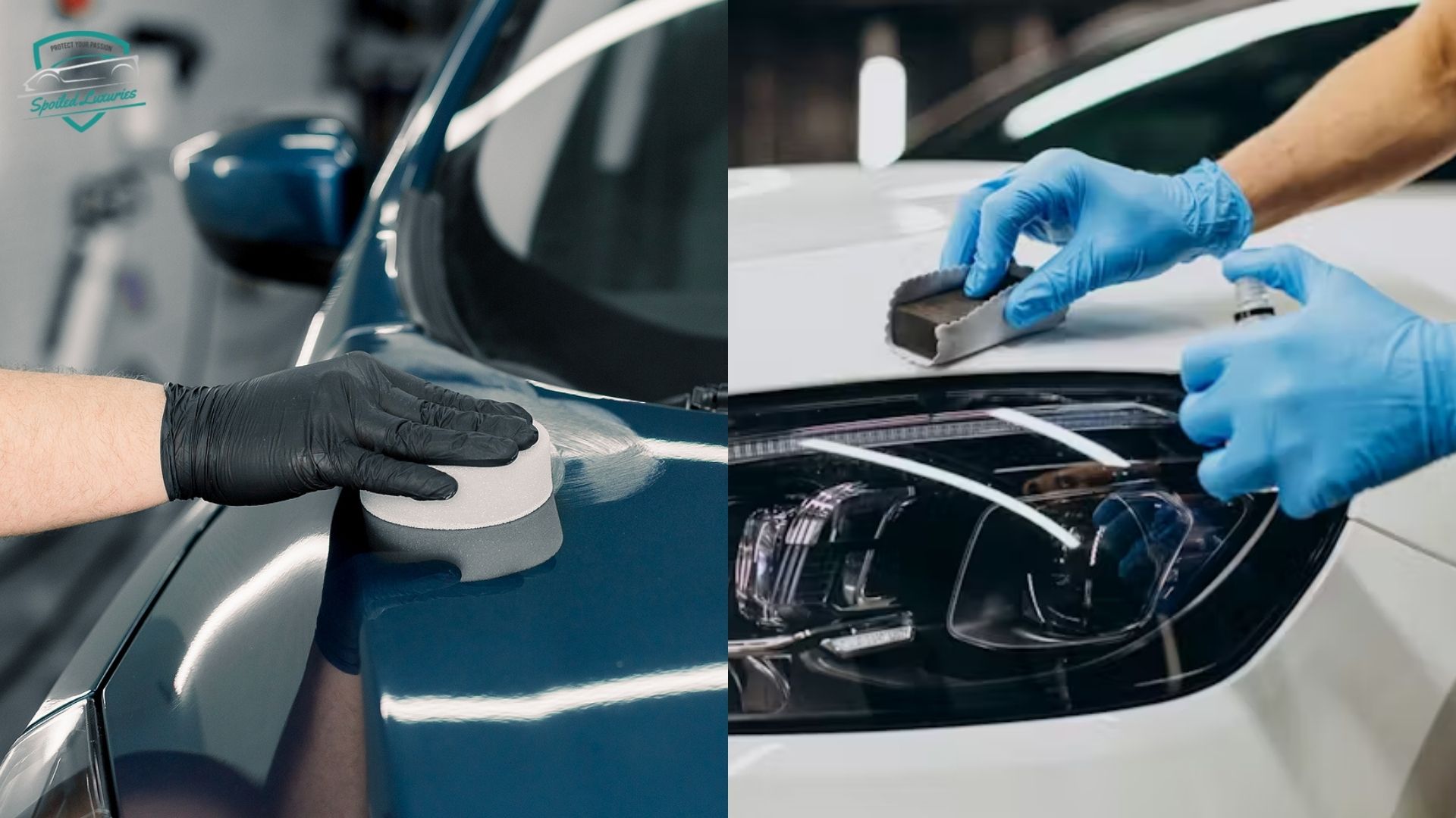 Side-by-side shots of two detailers applying ceramic coating by hand—one on a dark blue hood using a foam block, and the other on a white car using a cloth-wrapped applicator.